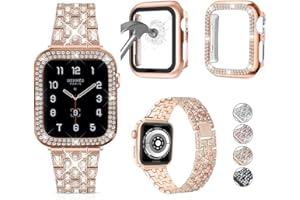 JOHIPI 3-Pack Compatible With Apple Watch Band 38mm 40mm 41mm 42mm 44mm 45mm 49mm with Case, Bling Diamond Metal Strap with Diamond Case + Glass Screen Protective Cover For iWatch Series 9 8 SE 7 6 5 4 3 2 1