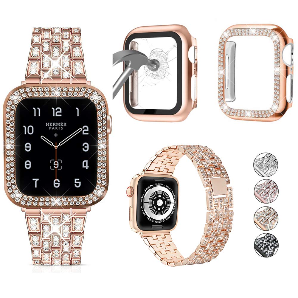 Photo 1 of 3-Pack JOHIPI Compatible With Apple Watch Band 38mm 40mm 42mm 44mm + Case, Women Jewelry Bling Diamond Metal Strap with Diamond Case and Glass Screen Protector Case For iWatch Series SE 6 5 4 3 2 1