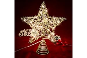 WENHUI Christmas Star Tree Topper with 20 LED Lights, Battery Operated 9 Inch Metal Hollow Design, Easy-to-Install Christmas Tree Decorations for Holiday and Christmas Home Décor, Gold