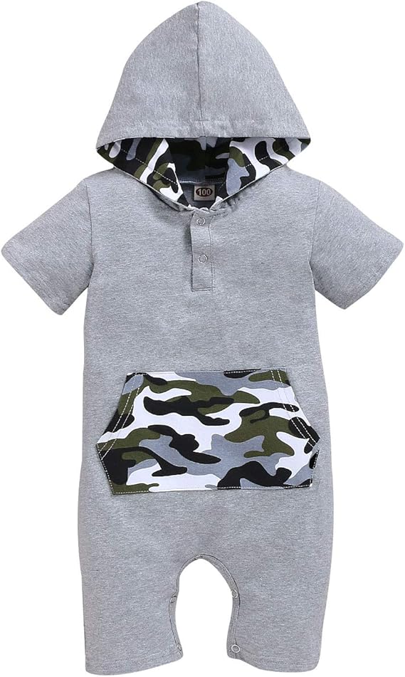 Amazon Co Jp Romperinbox ベビー パーカー ロンパース 男の子 フード付き 80 70 90 100 綿100 名前入り ポケット 迷彩 プレゼント 服 ファッション小物