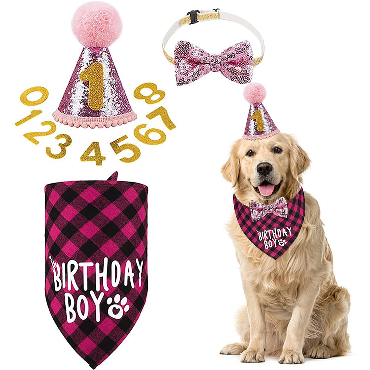 BAYINSHIDM Dog Birthday Party Supplies Bandana Dog Hat Triangle Scarf Cute Dog Bow Tie Collar (Pink)
