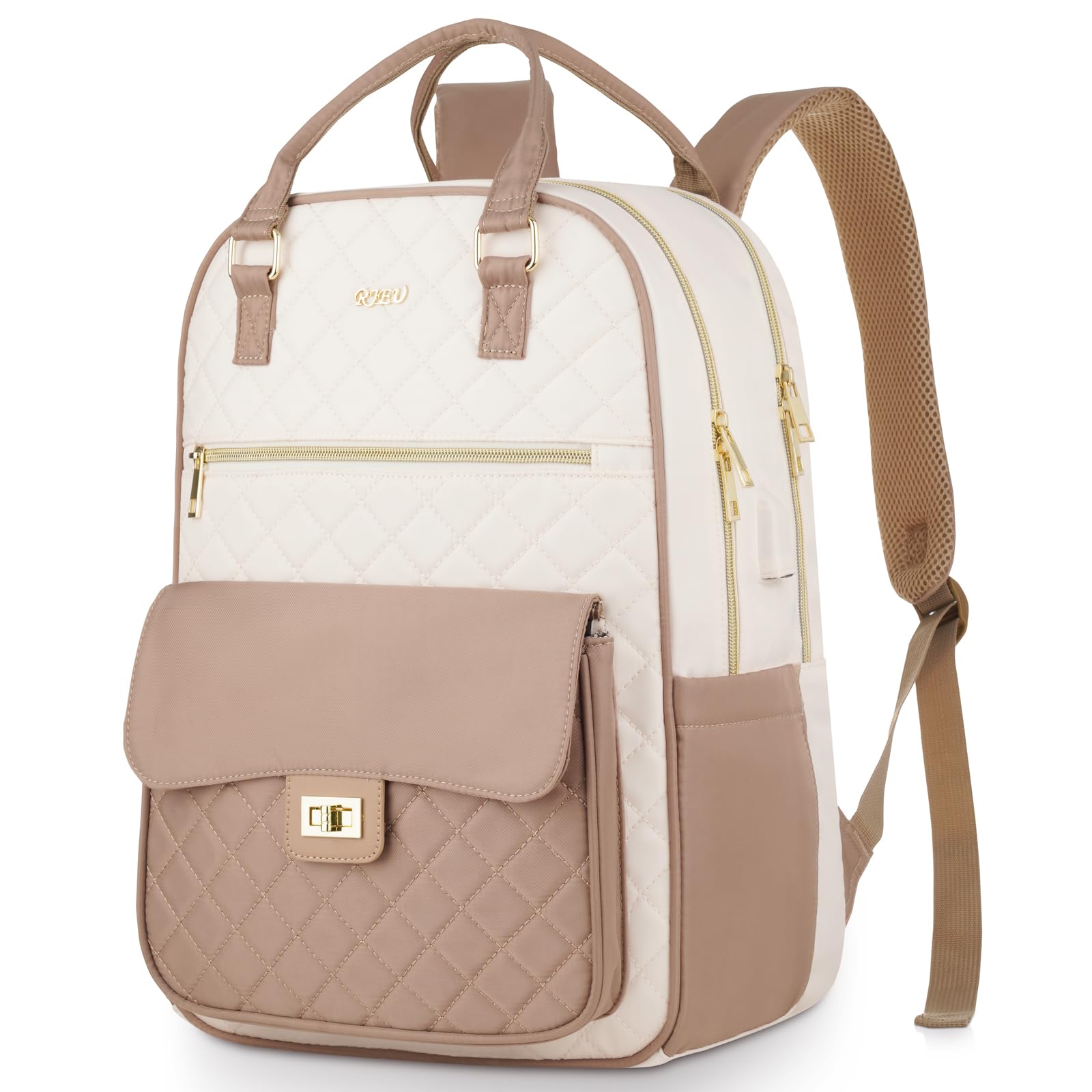 Laptop Backpack Quilted for School Beige Aesthetic School Backpack 15.6-Inch College Bag Preppy  main image 2