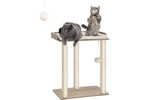 FourFurPets 26.7in Large Cat Tree Tower Condo, Cat Scratch Posts for Indoor Cats, Big Plate, Three 23.6in Full Sisal Scratching Posts, Greige