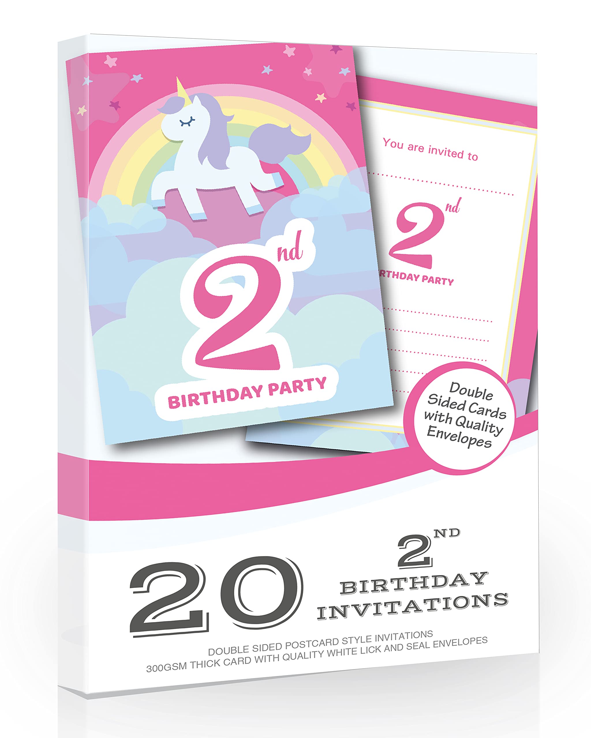 Olivia Samuel 20 x 2nd Birthday Party Invitations from Unicorn & Rainbow Pink Invites - Ready to Write with Envelopes