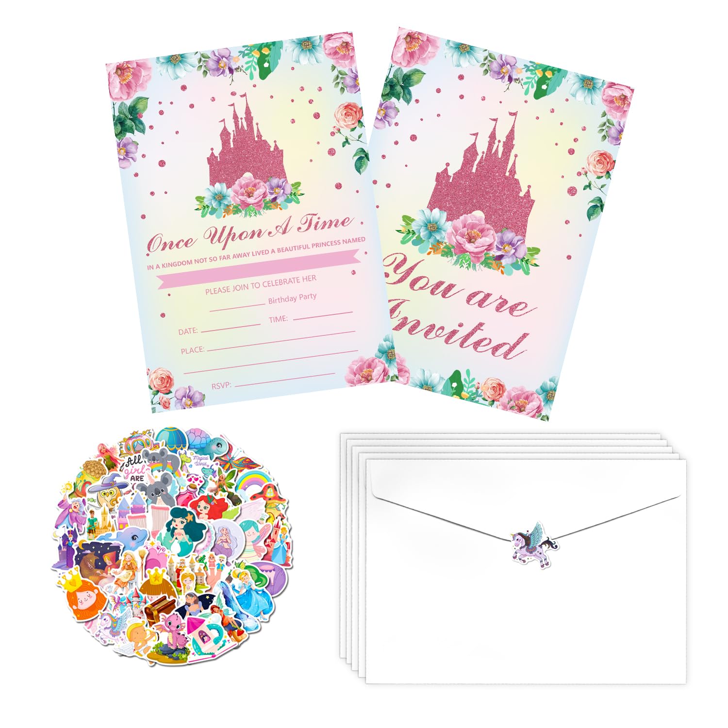20Pcs Princess Party Invitations Sets with Envelopes Castle Party Favors Birthday Invitation Cards for Girls Baby Shower Decorations Princess Birthday Supplies