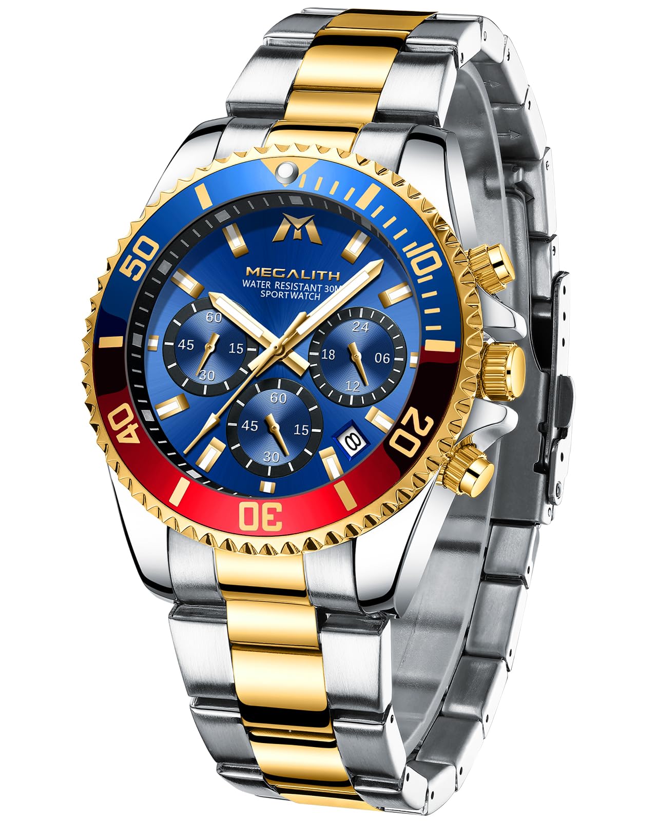 MEGALITH Mens Watches Chronograph Stainless-Steel: Gold Blue Watches for Men Designer - Stylish Gents Wrist Watch Waterproof for Dress