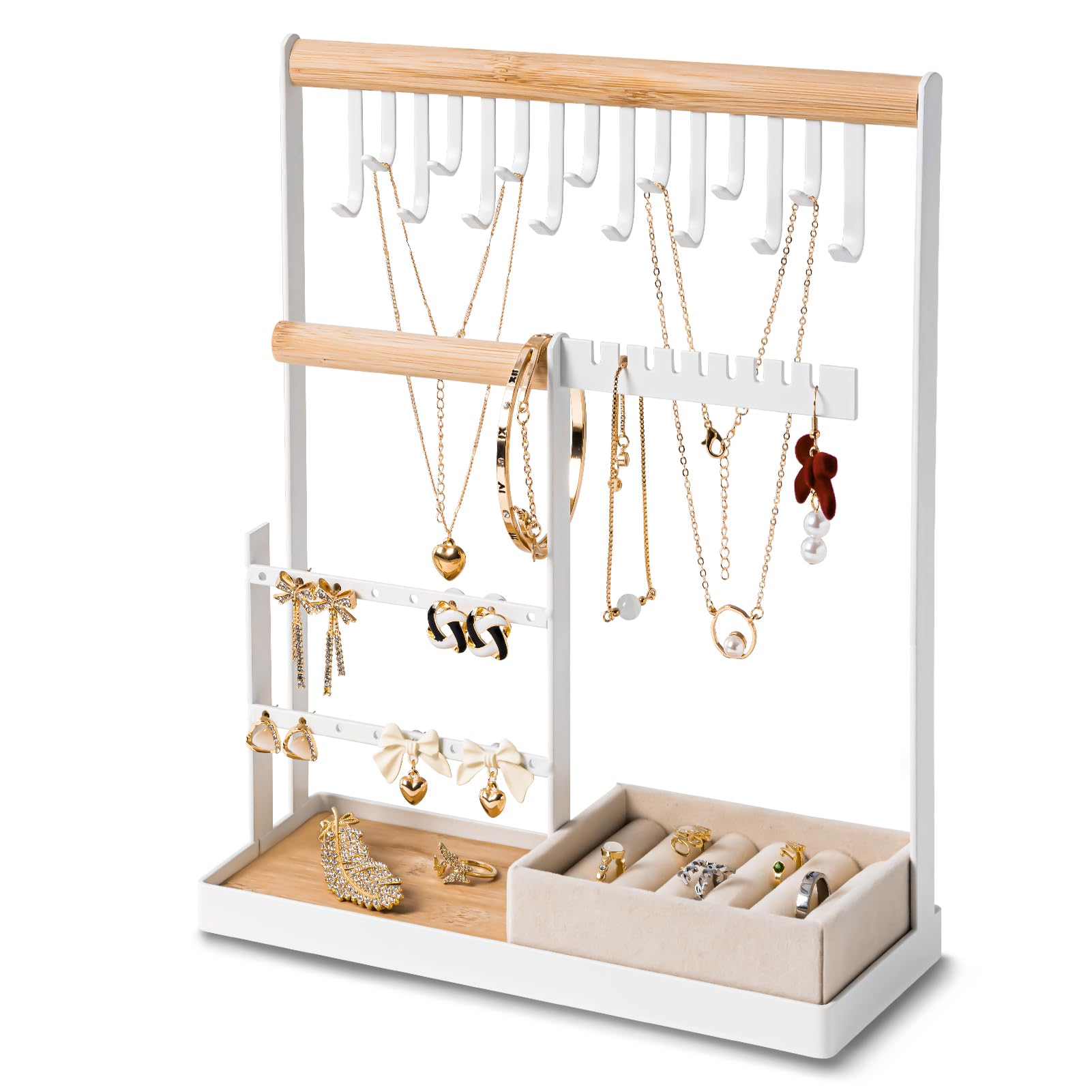Photo 1 of DreamGenius Jewelry Organizer Stand with Velvet Ring Holder, 4 Tier Jewelry Holder Organizer with 15 Hooks for Necklaces and 16 Holes for Earrings, White