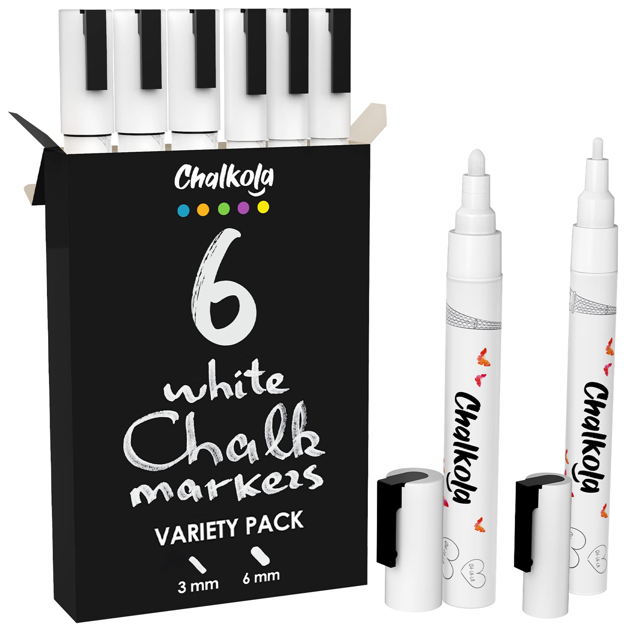 White Liquid Chalk Pens - White Dry Erase Chalk Markers for Blackboard, Chalkboard Signs, Windows, Glass, Bistro | Variety pack of 6 - (3x) 3mm Fine Tip & (3x) 6mm Bold Size Ink Marker
