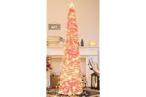 HMASYO 6 FT Pop Up Christmas Tree with 100 LED Lights & Remote, Pink Tinsel Christmas Tree, Collapsible Artificial Pencil Tree Xmas Decoration for Home, Office, Party, USB Powered Timer Lights