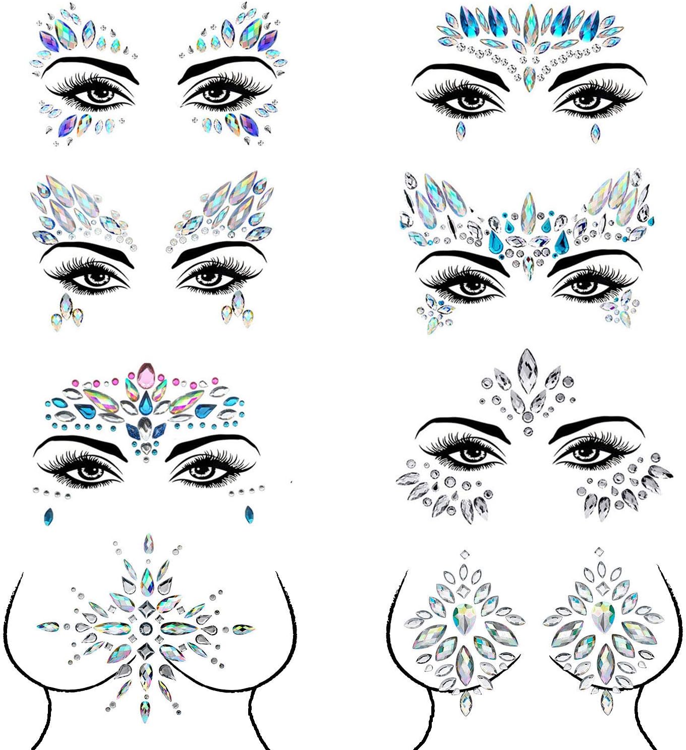 Czemo® Face Gems 8 pack Face Jewels for Festivals Mermaid Rave Festival Glitter, Rhinestone Face & Body Glitter Stick on Bindi Temporary Stickers (Pattern 1)