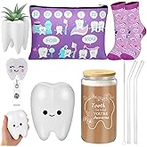 Pickmesh 6 Pcs Dental Gifts Nurse Assistant Hygienist Gifts 16 oz Glass Cups with Lid Makeup Bag Smiling Tooth Shape Felt Badge Holder Ceramic Pen Toothbrush Pot for Women Coworkers(Purple)