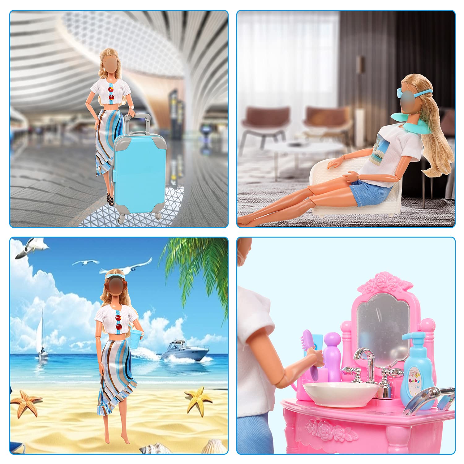 Miunana 29pcs Doll Travel Clothes and Accessories Blue Trunk Suitcase 2 Girl Clothes 1 Boy Doll Clothes 8 Life Accessories 12 Wash Accessories Telescope Sunglasses