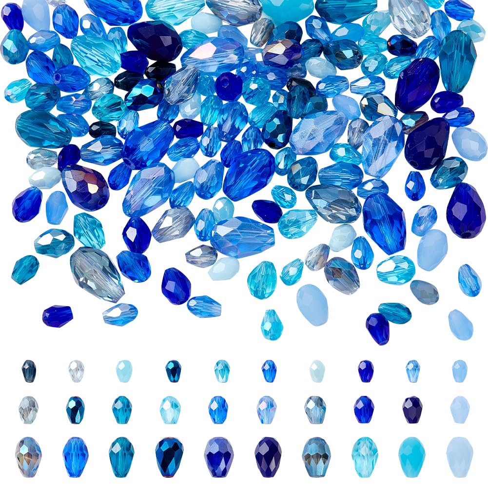NBEADS About 178 Pcs Teardrop Crystal Glass Beads, Vertical Hole Glass Beads Teardrop Faceted Beads for Bracelets Necklace Earring DIY Jewelry Making Craft, Hole: 0.09-0.14cm, Blue