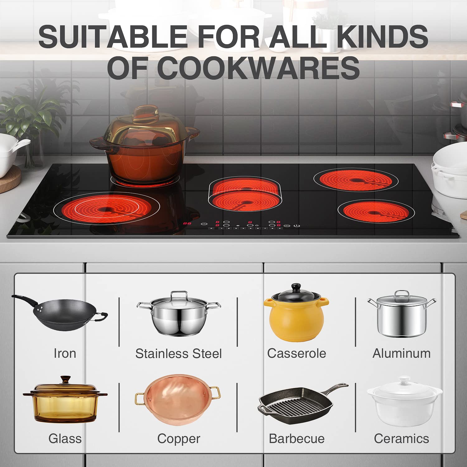 Electric Cooktop 5 Burners 36 Inch, ANHANE Built-in Electric Stove Top, 220V 8600W Electric Ceramic Cooktop, 9 Heating Levels, Timer & Kid Safety Lock, Suitable for all Cookware, Without Plug