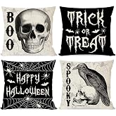 PANDICORN Happy Halloween Pillow Covers 18x18 Set of 4 Gothic Skull Raven Crow Spooky Boo Trick or Treat Fall Halloween Decorations Indoor Outdoor Decorative Throw Pillows Cases for Home Porch Decor