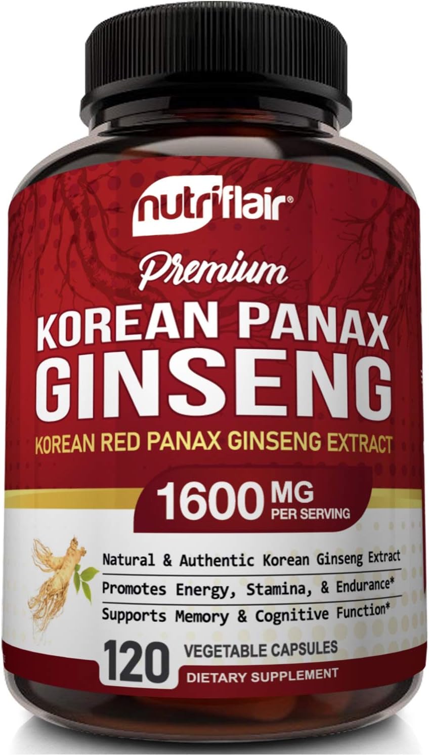 NutriFlair Korean Red Panax Ginseng 1600mg - 120 Vegan Capsules - High Strength Ginseng Root Ginsenosides Extract Powder Supplement - Energy, Focus, Libido, Performance Pills for Women & Men, Non-GMO: Health & Personal Care