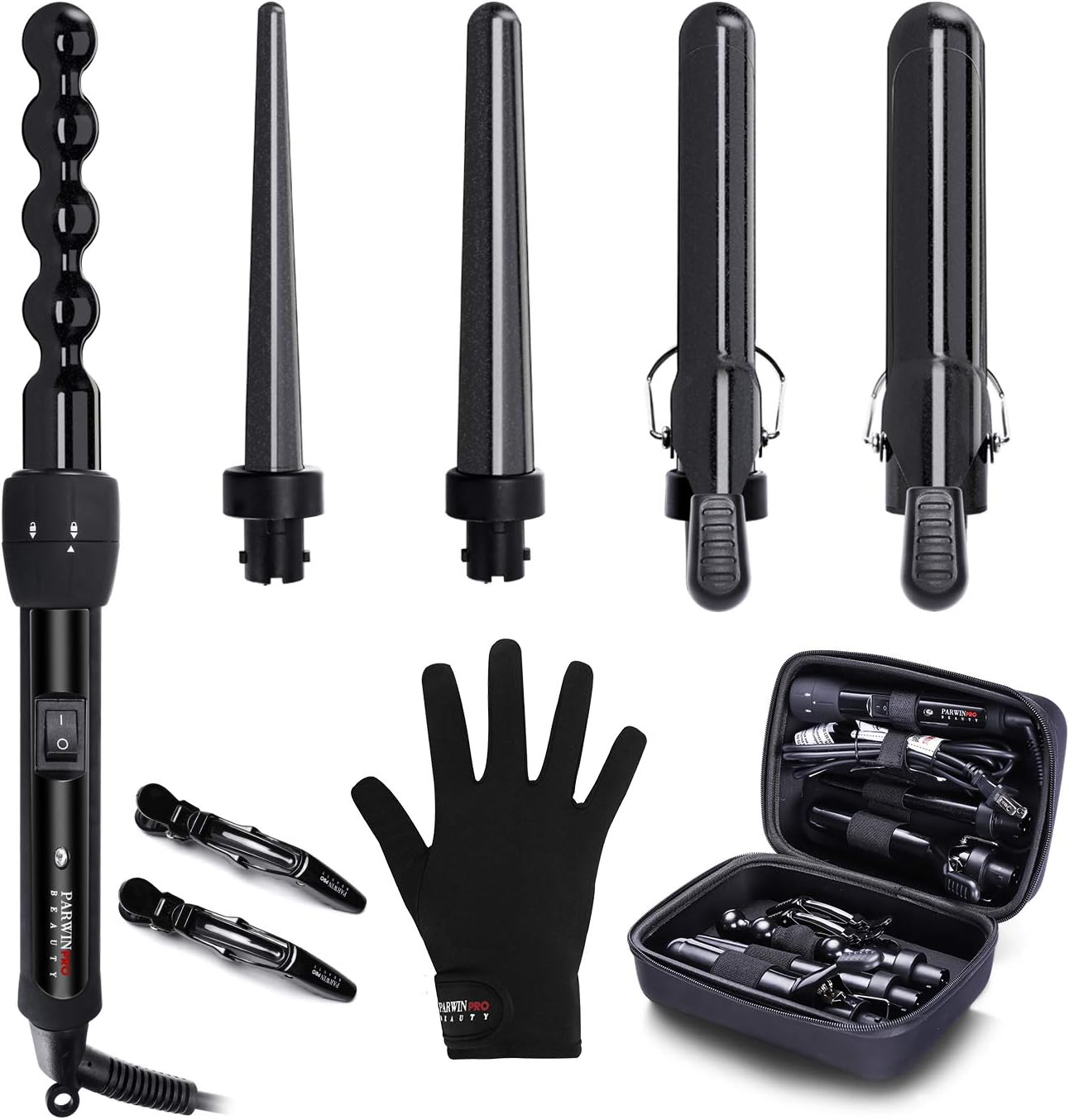 PARWIN 5 in 1 Professional Curling Iron Wand Set with 5 Interchangeable Ceramic Barrels Hair Curler for All Hair with Heat Protective Glove and Hair Clips, Heat Up Fast, Dual Voltage
