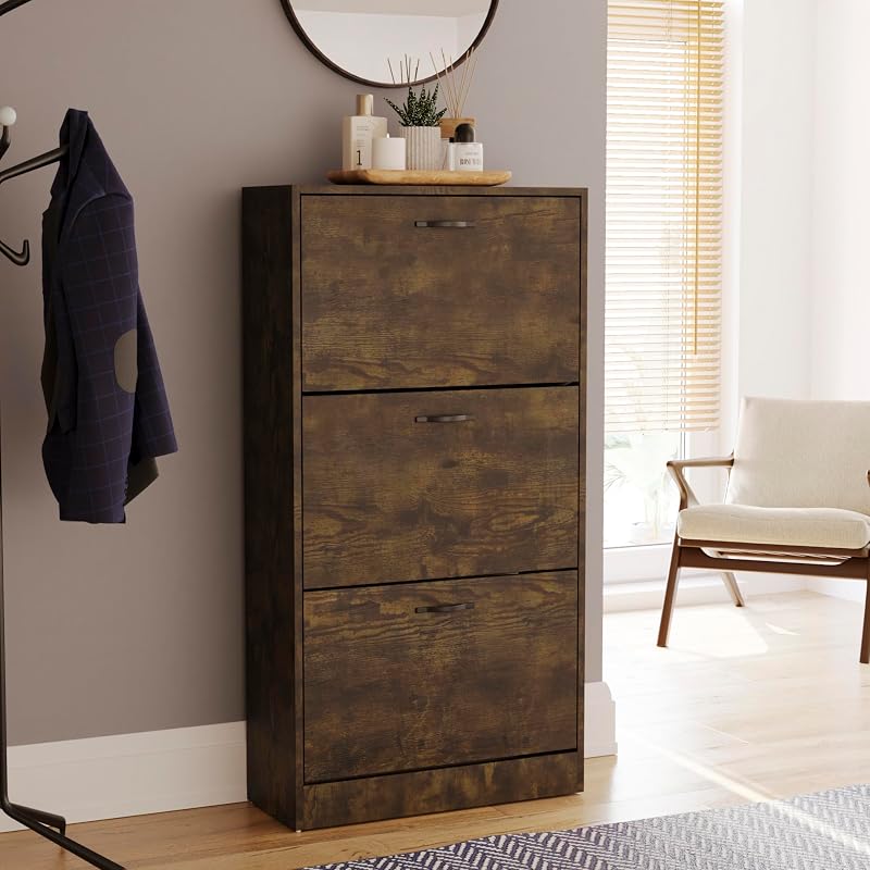 Vida Designs Wooden Shoe Cabinet 3 Pull-Down Drawers Dark Wood