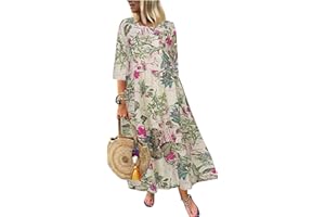 GENERIC Spring Dresses for Women 2024 Casual 3/4 Sleeve Plus Size Maxi Dress A Line Shirt Flowy Swing Beach Vacation Long Sundress