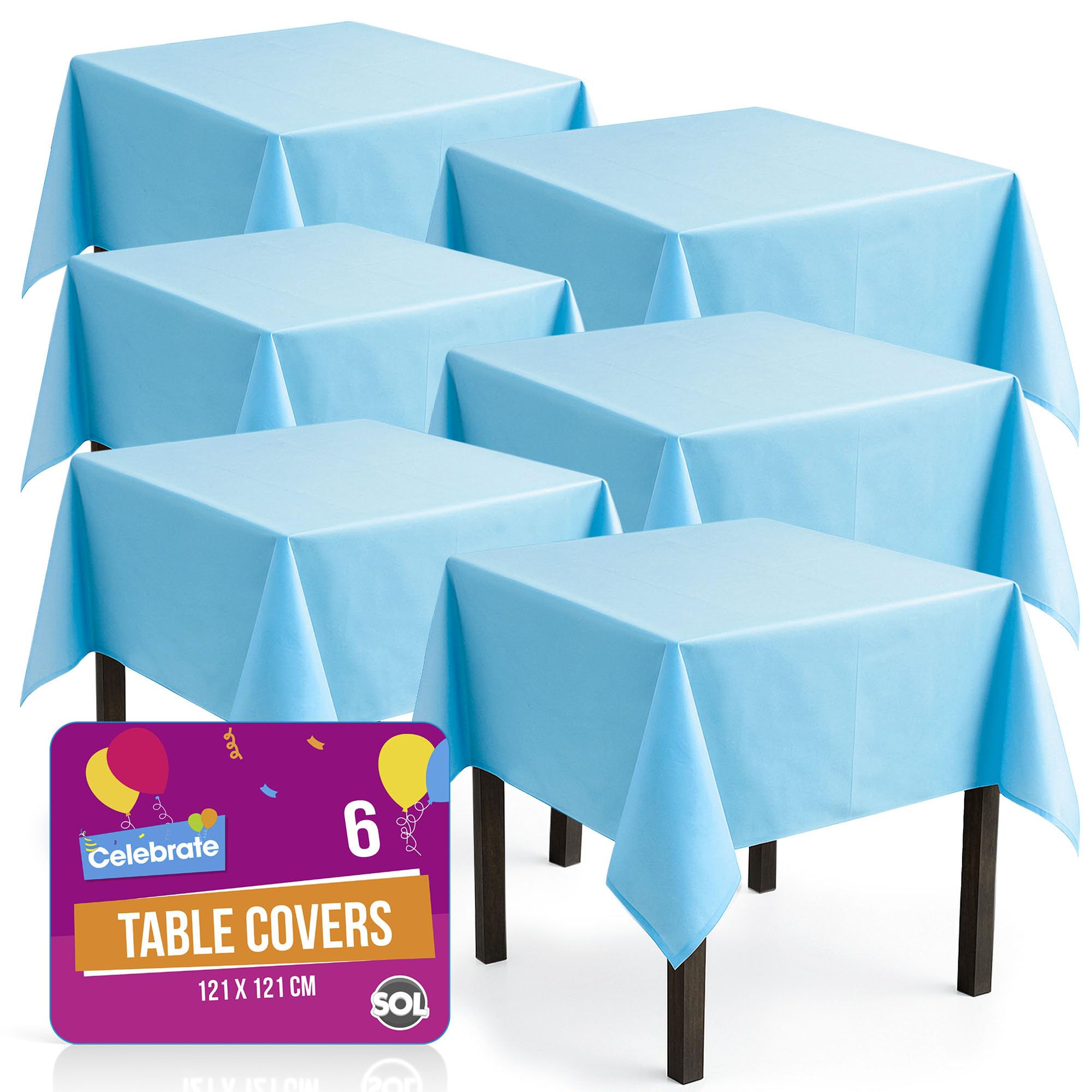 SOL 6pk Blue Table Cloths | Disposable Plastic Cover, Heavy Duty Spill Protection for Boys' Birthdays, Christenings, Communion, Gender Reveal, Weddings & Charity Events