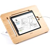 ELETIUO Adjustable Tablet Stand with Pencil&amp;Charger Cable Slot,Bamboo Wooden Stand with Multiple Angles,Organizer Desktop Holder for Drawing,Compatible with ipads(Support to 9.7-11" Devices)
