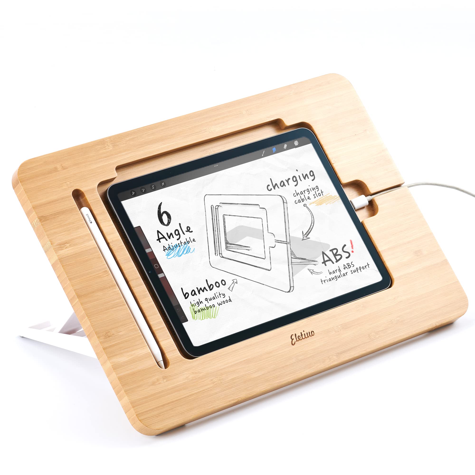 Photo 1 of ELETIUO Adjustable Tablet Stand with Pencil&Charger Cable Slot,Bamboo Wooden Stand with Multiple Angles,Organizer Desktop Holder for Drawing,Compatible with ipads(Support to 9.7-11" Devices)