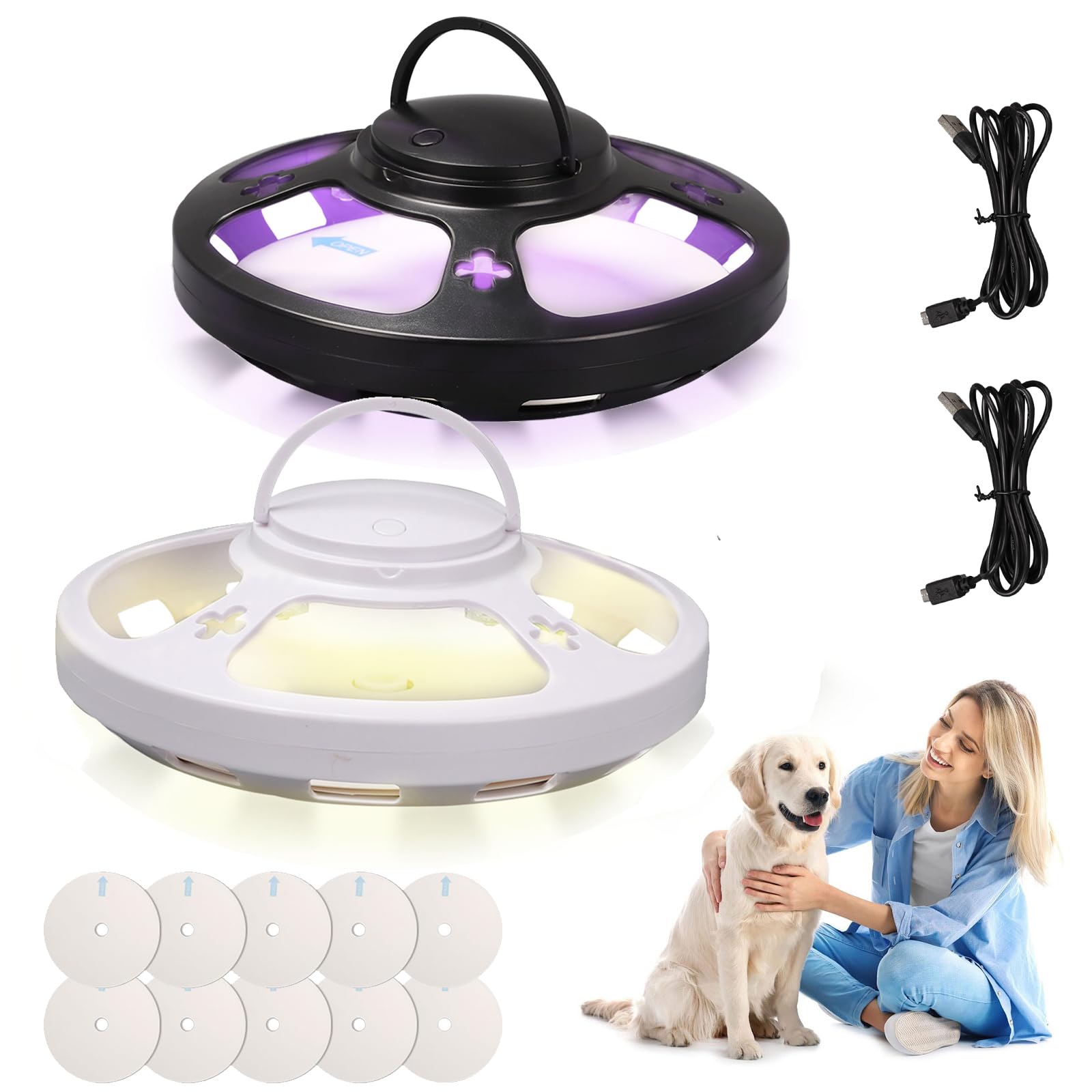 2 Set Flea Traps with 12 Catch Stickers, Flea Light Trap, Flea Treatment for House, Non-Toxic and Odorless, Natural Flea Killer for Carpets Bed Indoor, 4 Lighting Modes, Usb Charging