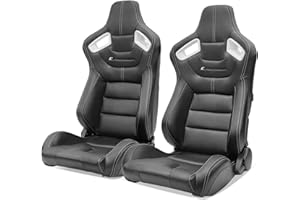 IKON MOTORSPORTS, Universal Racing Seats Pair with Dual Sliders, Black with White Stitch and White Bezel, PU & Carbon Leather Reclinable Left Right Pair