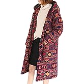 MOYUYUNJIAN Women's Long Plush Fleece Hoodie Vintage Boho Oversized Sherpa Coat, Warm Winter Loungewear with Geometric Print