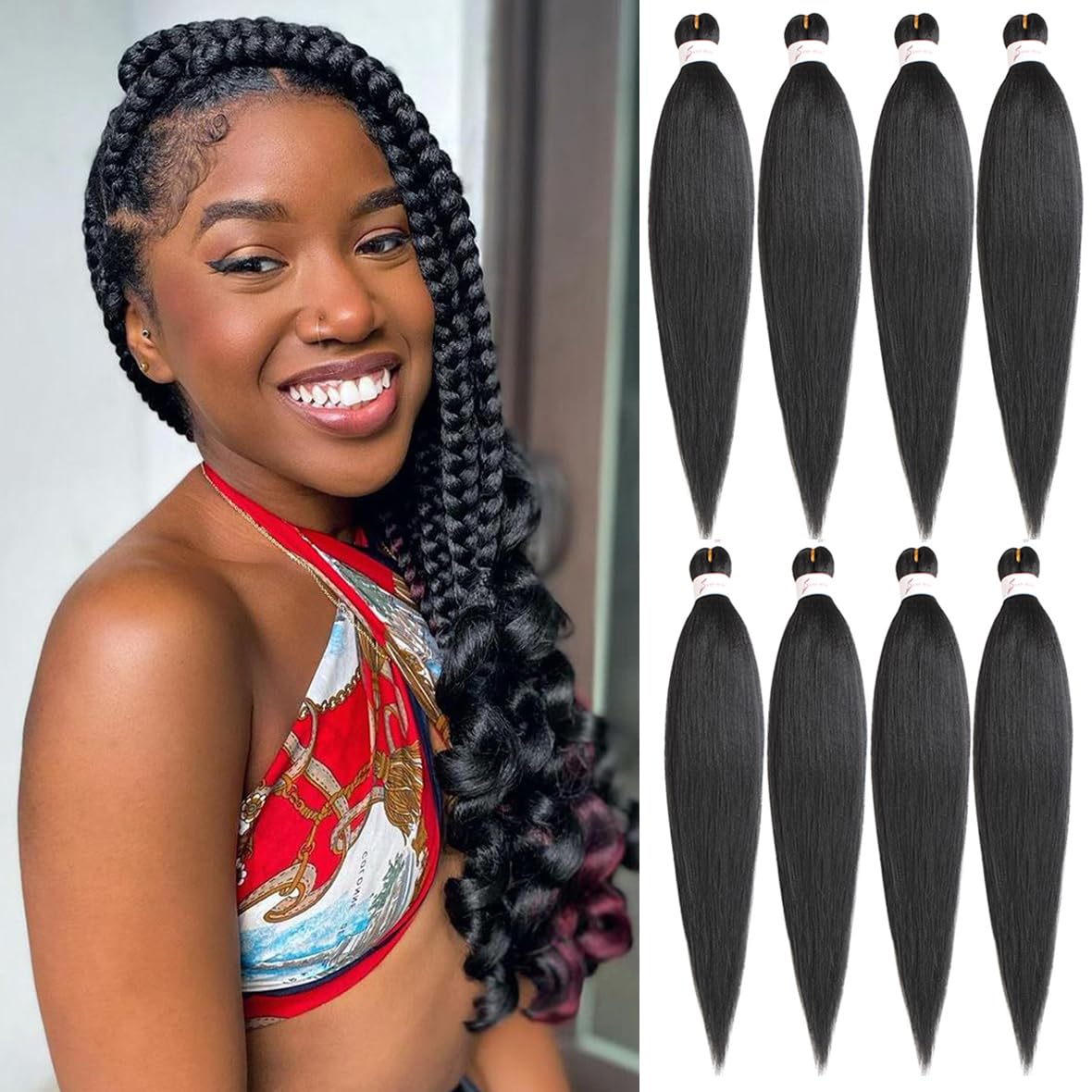 Kachanaa 16 Inch Pre Stretched Braiding Hair 8 Packs EZ Braids Yaki Hot Water Setting Kanekalon Hair for Braiding Yaki Texture Black Pre Stretched Braiding Hair Extensions 1B#
