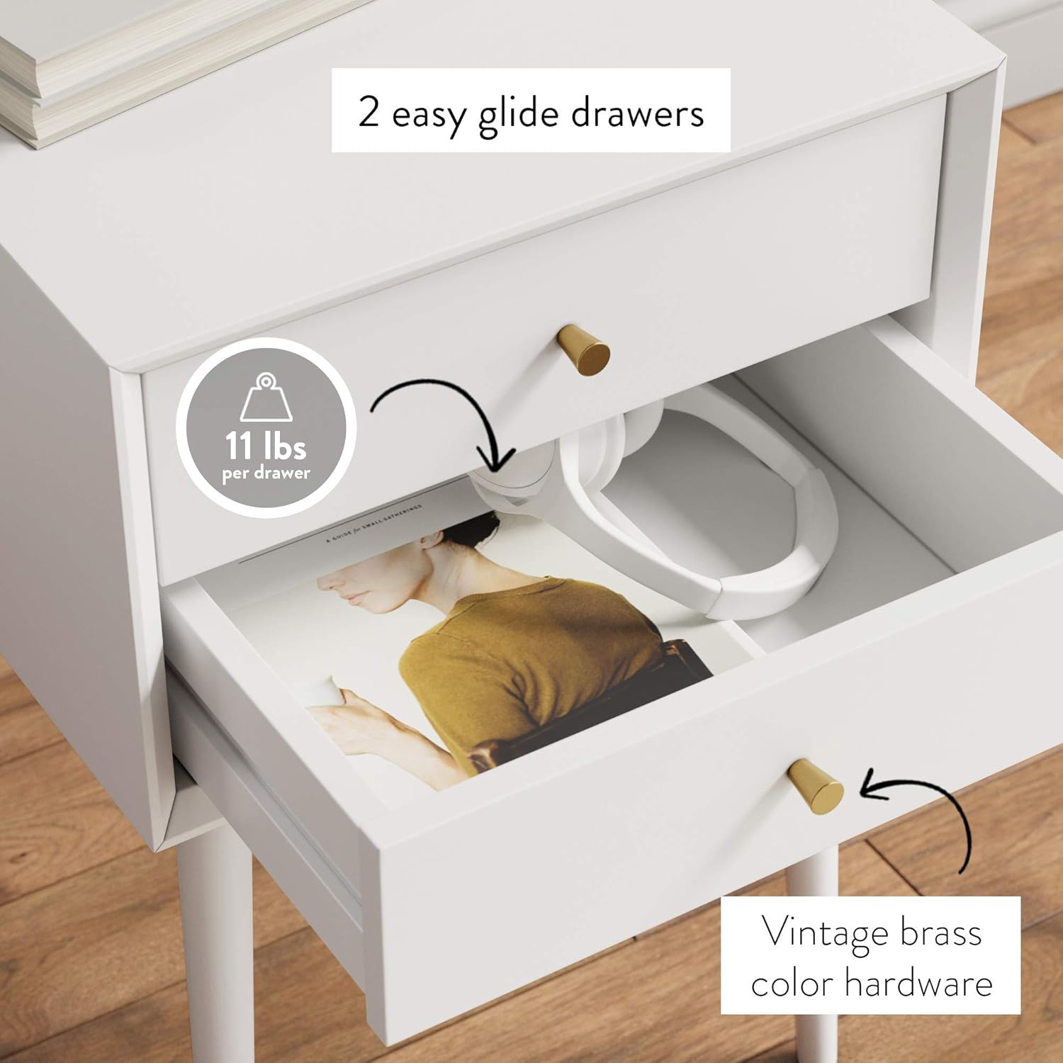 Nathan James Harper Mid-Century Modern Side Table, 2-Drawer Wood Nightstand, White: Kitchen & Dining