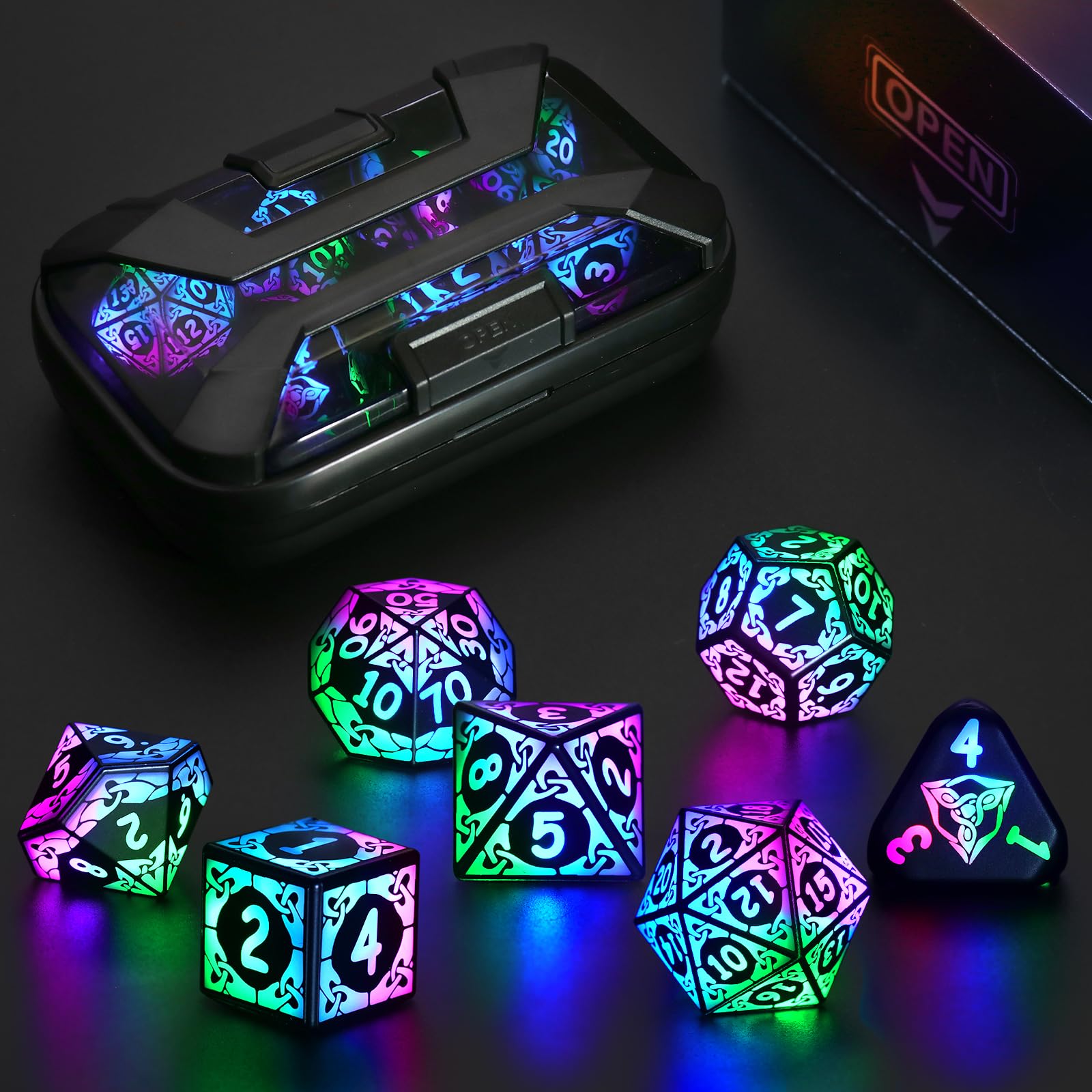 LED Dice Set DND, Cool Light up Dice Set Rechargeable for Dungeons and Dragons, ZHOORQI Polyhedral D and D Dice with Charging Box for Role Playing Game Gifts (Colorful-Shackles)
