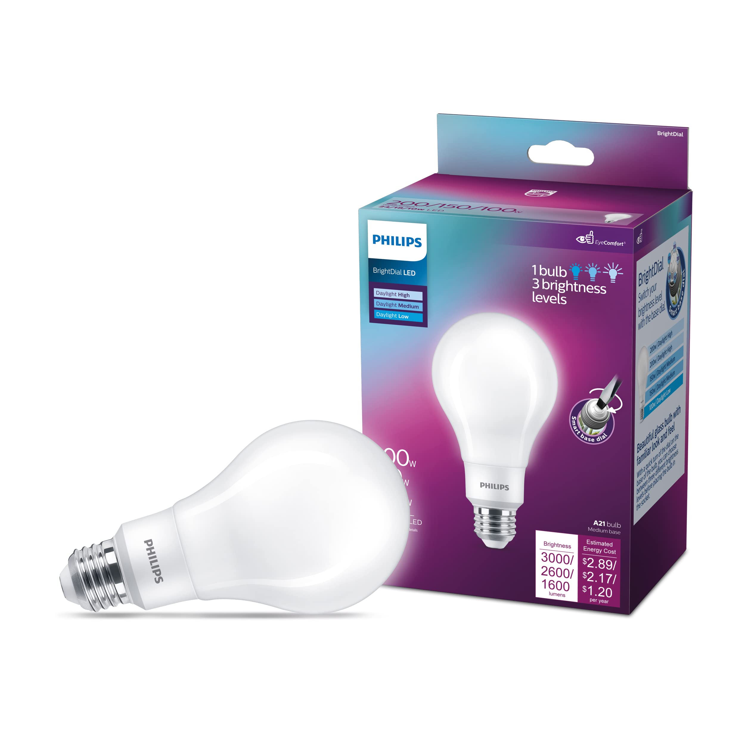 Photo 1 of PHILIPS LED 200-150-100W A21 6-Pack BrightDial Daylight (5000K) 3000-2600-1600 Lumen (24-18-10W = 200-150-100W) Frosted Flicker-Free Light Bulbs