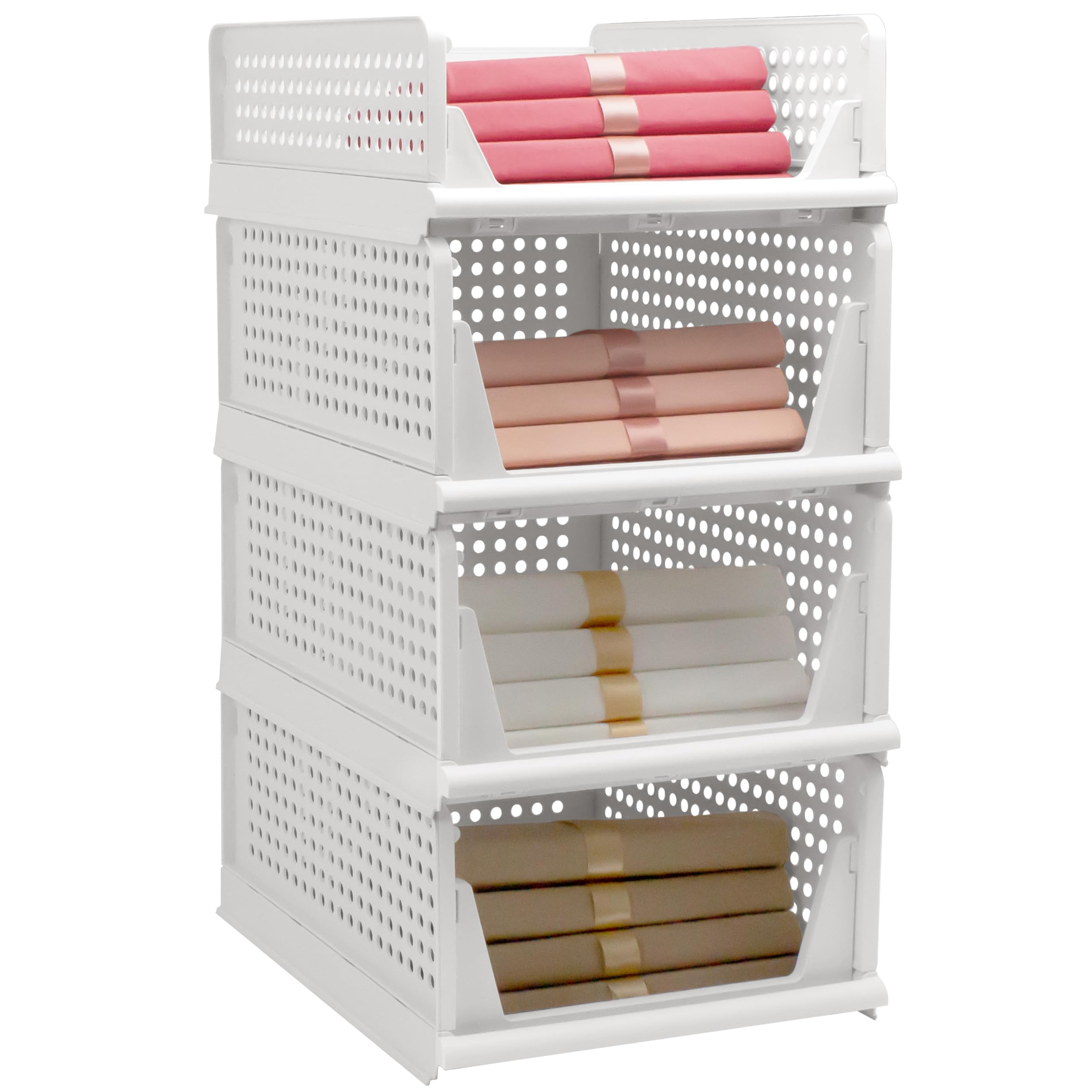 Photo 1 of Goderewild Stackable Foldable Storage Baskets, Folding Storage Bins, Closet Organizers and Plastic Drawer Shelf Storage Container for Wardrobe, Cupboard, Kitchen, Bathroom, Office (3L1S), White