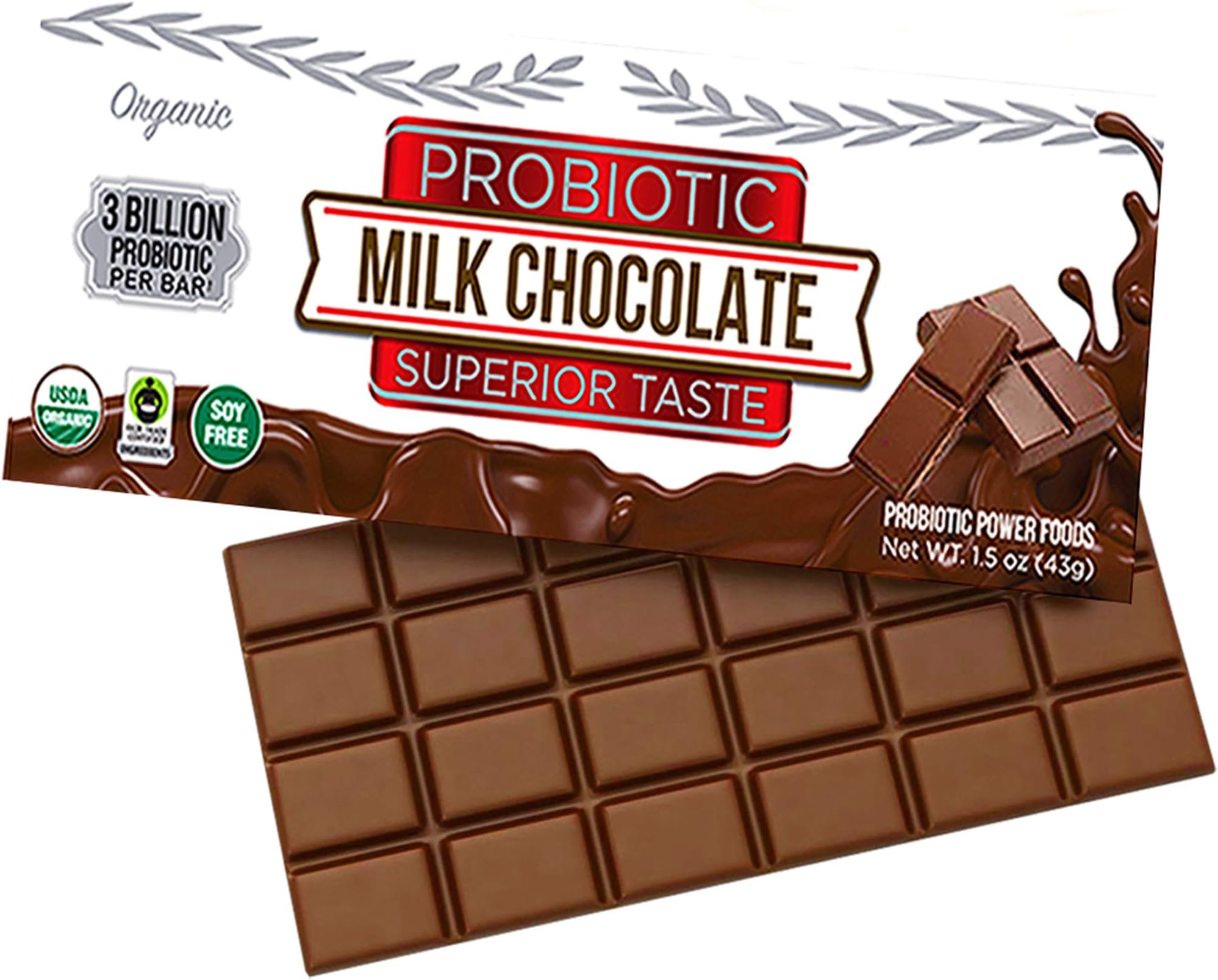 Probiotic Power Foods Organic Chocolate Milk Bars - Healthy Chocolate - Organic Cocoa Chocolate Bar - Probiotic Chocolate Bar Candy Snack 1.5 Ounce (Pack of 5)