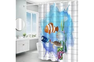 Uiiooazy Farmhouse White Grey Wood Fabric Shower Curtain for Bathroom Decor Watercolor Cartoon Sea Fishes Turtles Corals Seaweed Waterproof Cloth Bath Kids Shower Curtains with Hooks 72x96 inches