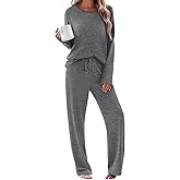 Ekouaer Pajama Set Womens Long Sleeve Sleepwear Pullover Top and Pants Cozy Loungewear Soft Pjs Lounge Set with Pockets S-XXL