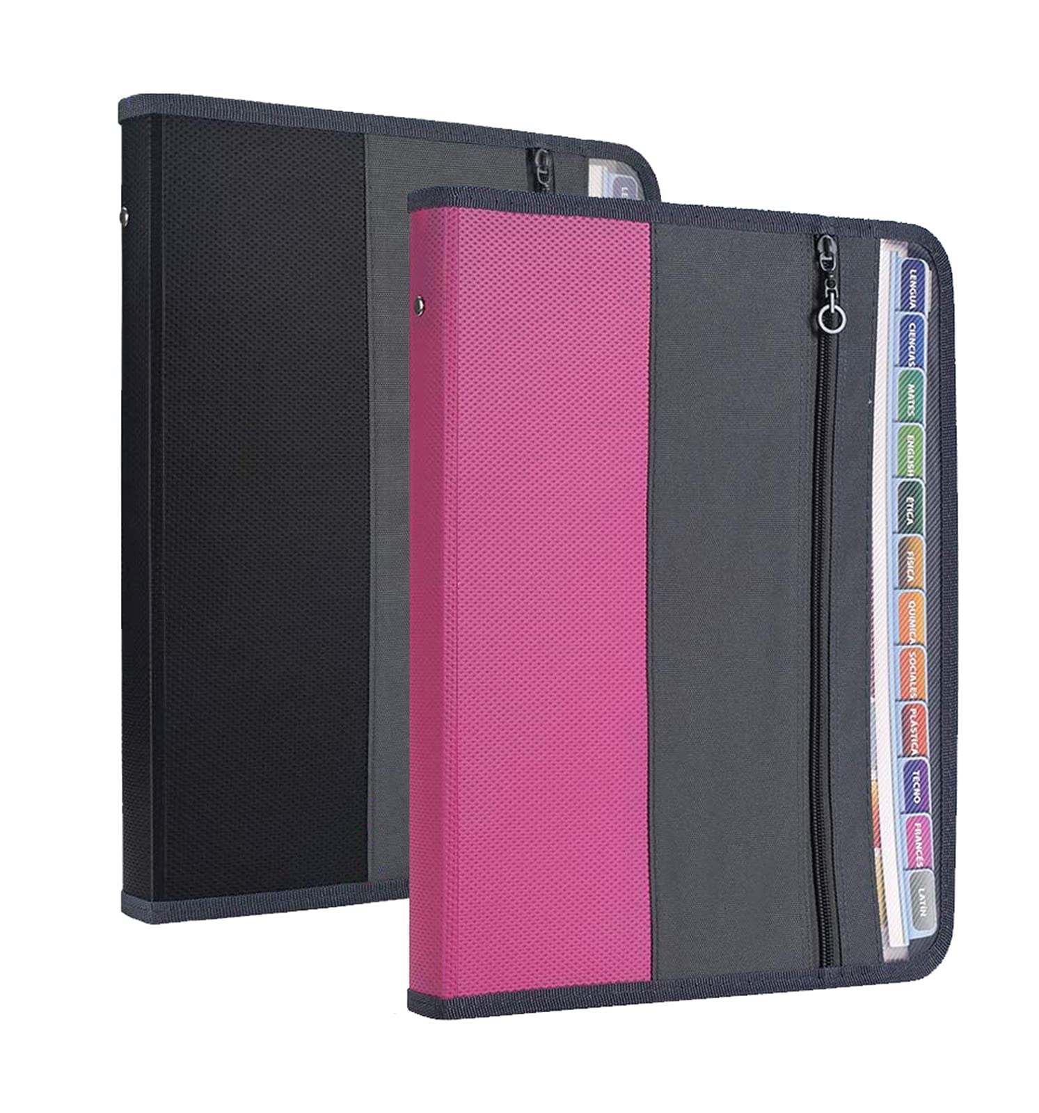 NAFY Expanding File Folders, 2Pack 13 Pockets Document Organizer with Zipper, A4 Letter Size Portable Accordion Expanding File Folders with Multicolor Labels for Office School Supplies (Black+Pink)