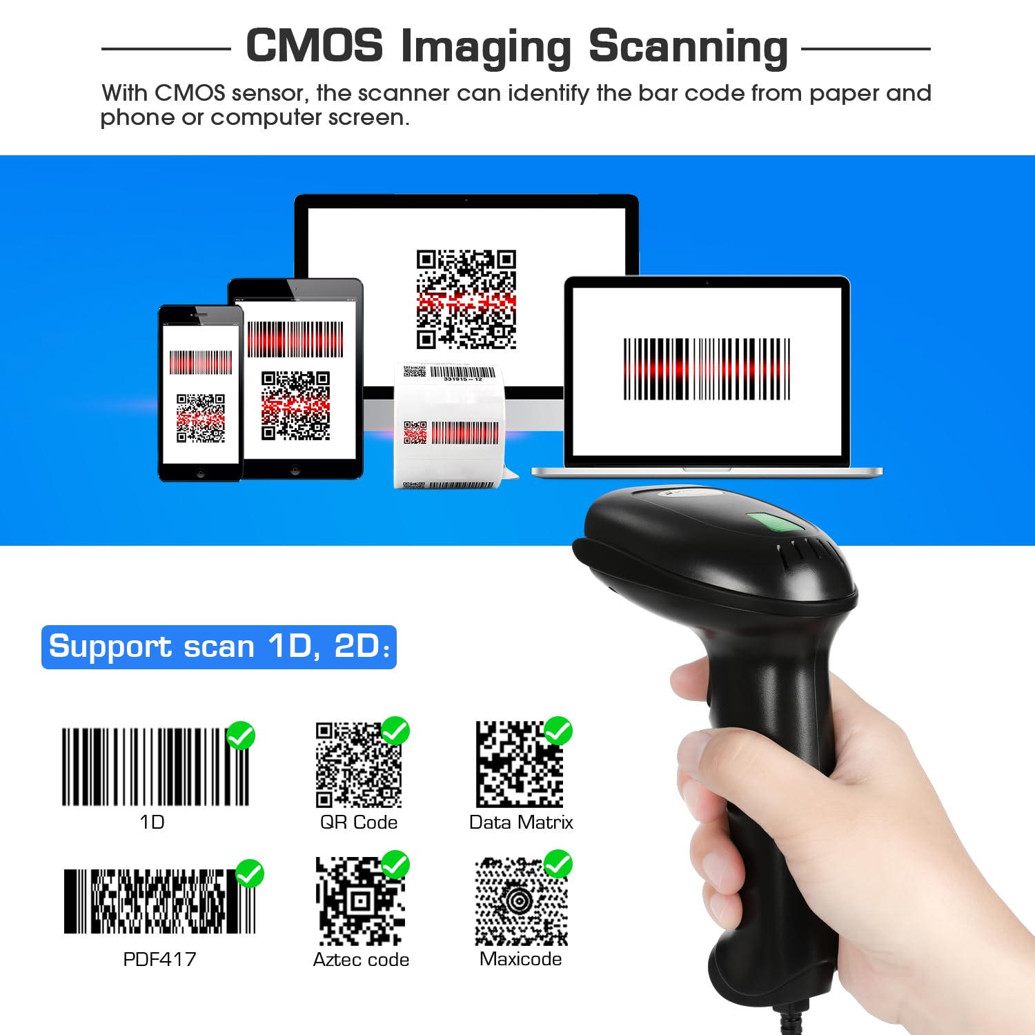 WoneNice 1D/2D Barcode Scanner, Automatic Square QR Code Scanner for Computer POS Screen Scanning, Back-to-School Scanner for Student Campus Library Retail Store Warehouse Supermarket