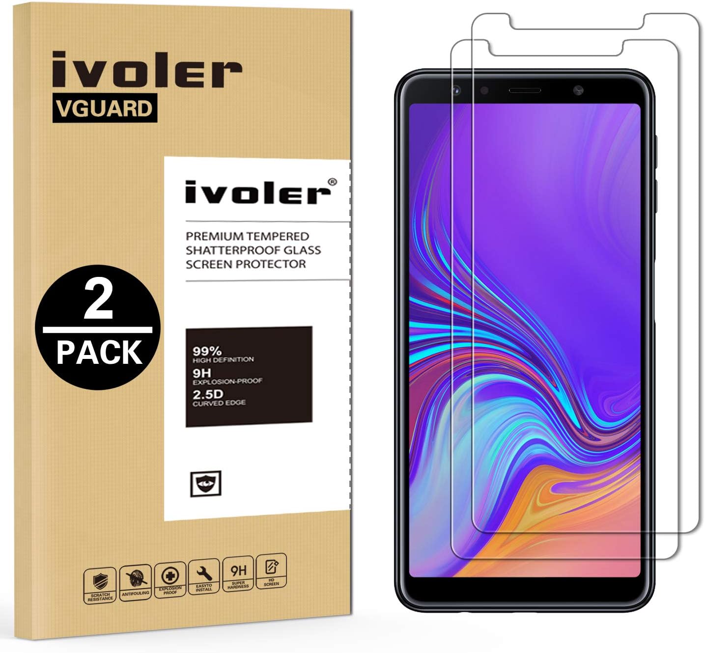 ivoler [2 Pack] Screen Protector for Samsung Galaxy A7 2018 / J4 Plus 2018 / J6 Plus 2018, Tempered Glass Film for Samsung A7 2018 / J4+ 2018 / J6+ 2018 [9H Hardness] [Anti-Scratch] [Crystal Clear]