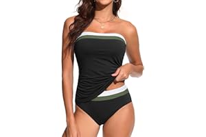 Daci Bandeau Tankini Swimsuits for Women - Two Piece Ruched Tummy Control Bathing Suit Strapless Swimwear with Bottom