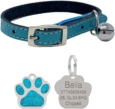 JK Leather Cat Collar Safety Elastic Bell Engraved Glitter Tag Blue