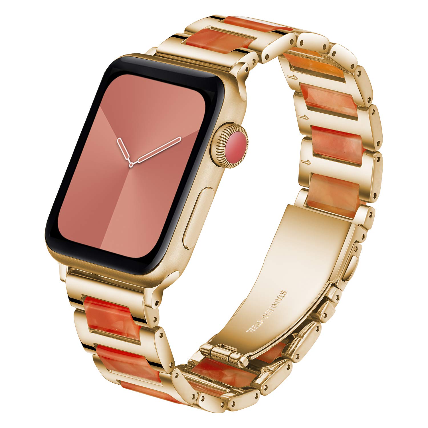 Caunedy Compatible with Apple Watch Strap 38MM/40MM/42MM/44MM,Solid Stainless Steel Metal Wristband Replacement for Series 5/4/3/2/1,Colourful Resin Bracelet Strap (38/40mm, Gold&Orange) — image 1