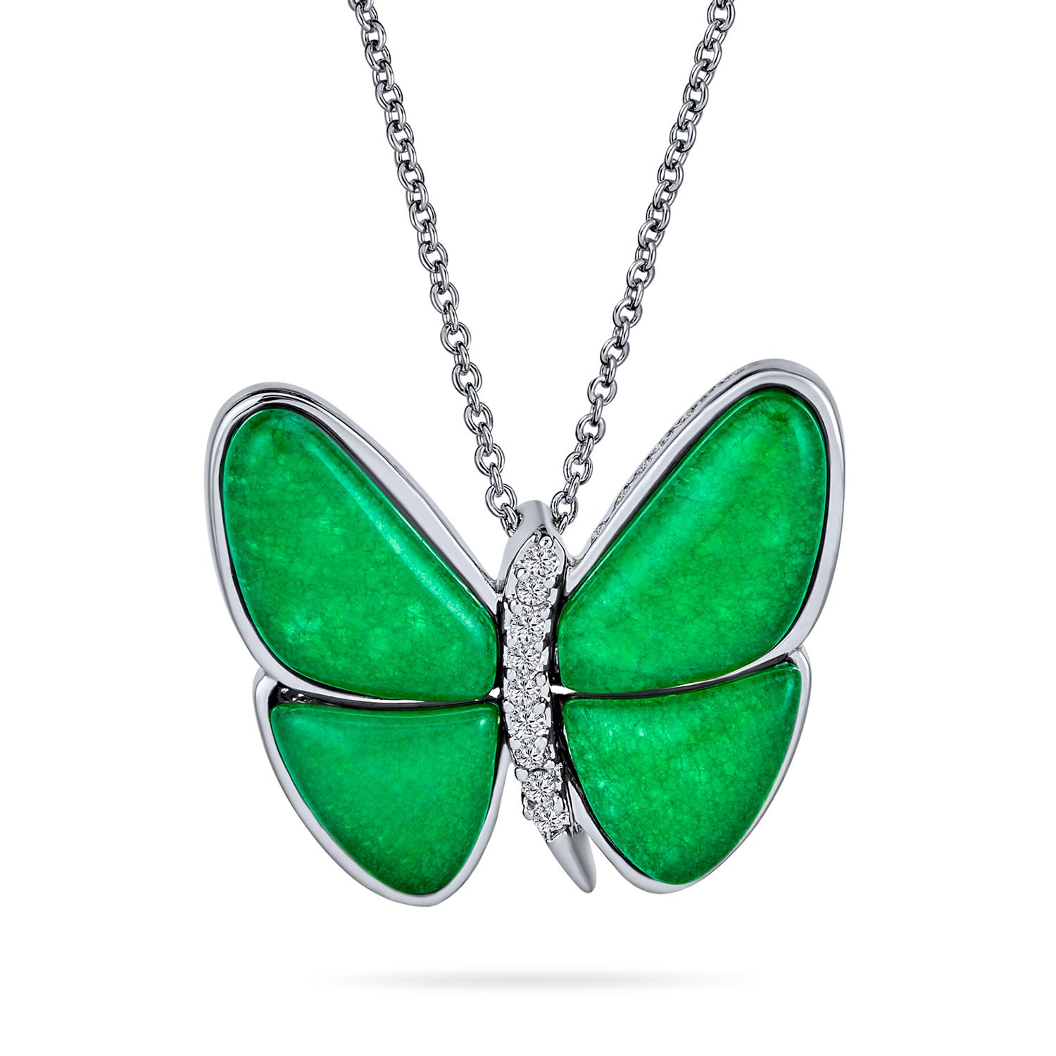 Bling Jewelry Nature CZ Accent Genuine Gemstone Green Malaysian Jade Quartz Garden Insect Butterfly Necklace Pendant For Women Teen Girlfriend Silver Plated — image 1