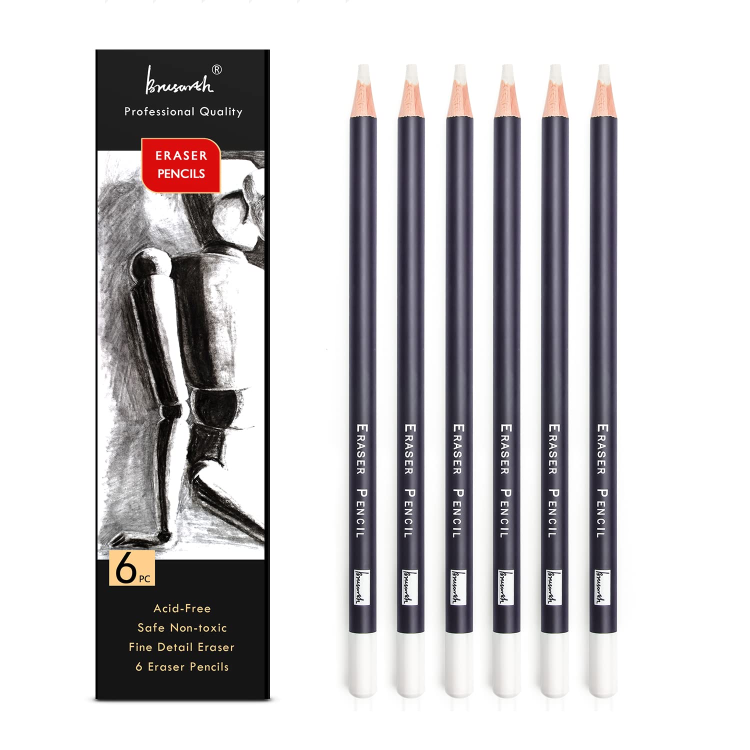 Photo 1 of Brusarth Eraser Pencils Set - Professional 3pc Erasing Small Details or Add Highlights for Sketching, Colored Pencils, Charcoal Drawings. Fine Detail Eraser for Beginners & Artists
