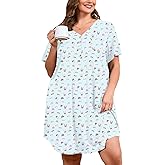 AusLook Plus Nightgowns for Women Short Sleeve Button Down V Neck House T-shirt Dress Loose Maternity Nightshirt Pajamas1-5X