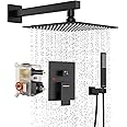 EMBATHER Black Shower System 12 Inches Shower Faucet Set with Square Rain Shower Head and Handheld For Bathroom, Matte Black Shower Combo Set Wall Mounted (Rough-in Valve & Trim Included)
