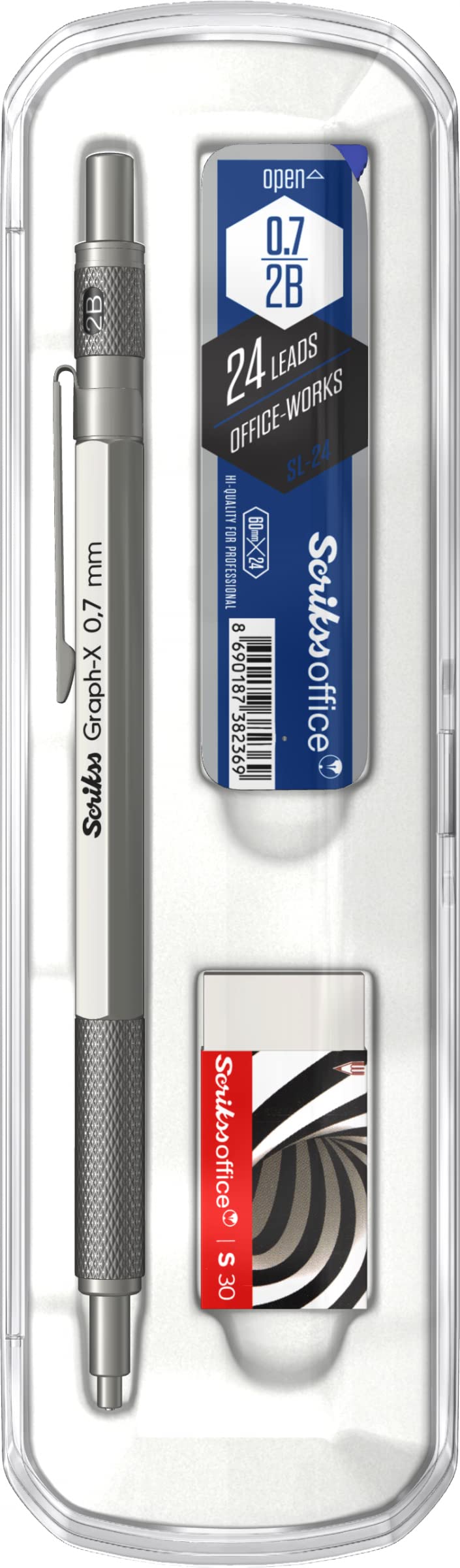 SCRIKSS - Mechanical Pencil - Graph-X + Scrikss Tube 2B Pencil Lead + Scrikss Eraser (DARK GREY, 0.7mm)