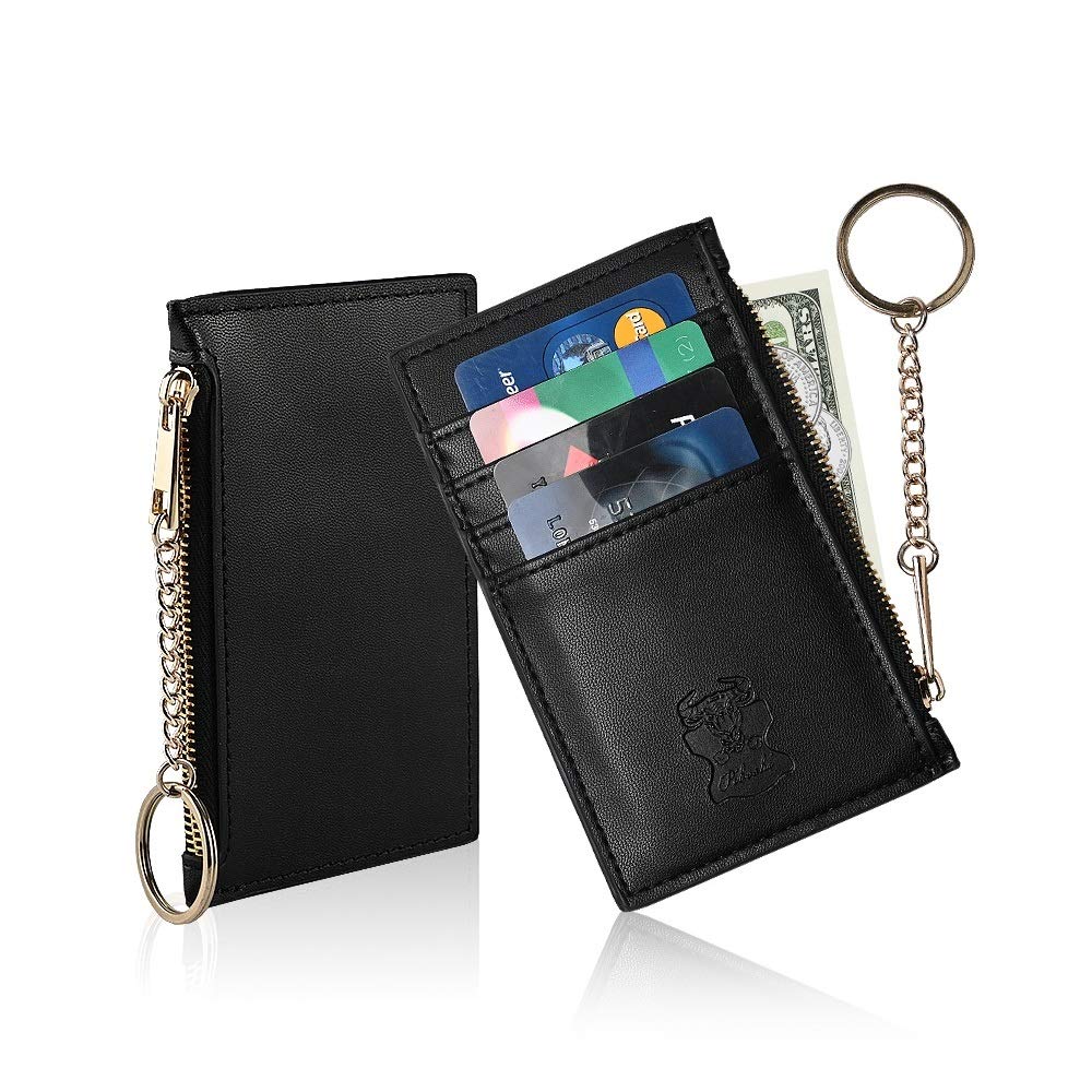 Credit Card Holder Wallet w Keyring Keychain Leather Zip