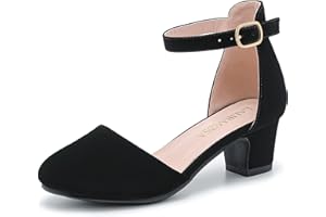 LAURMOSA Girls Dress Shoes Closed Toe Chunky High Heels Ankle Strap Wedding Party Pump Shoes